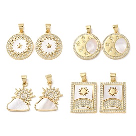 Brass Micro Pave Clear Cubic Zirconia Pendants, with Shell, Real 18K Gold Plated