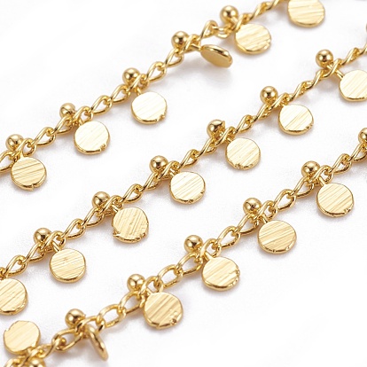 Handmade Brass Curb Chains, Long-Lasting Plated, with Spool, Soldered, Flat Round Charms