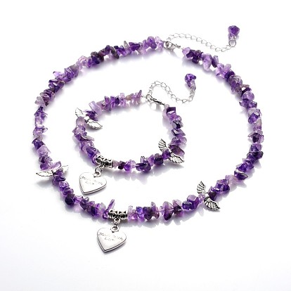 Colliers pierre naturelle et pendentif coeur en alliage et bracelets de charme ensembles de bijoux pour Saint Valentin, avec les accessoires en alliage d'argent antique, 17.71 pouce, 185mm