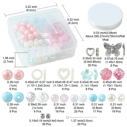 DIY Stretch Bracelet Making Kit, Including Flower & Imitation Pearl & Cube Acrylic & Plastic Beads, Heart Plastic Linking Rings, Butterfly Alloy Charms
