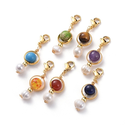 Gemstone Pendants, with Natural Pearl, Golden Plated Brass Bead Frames and 304 Stainless Steel Lobster Claw Clasps