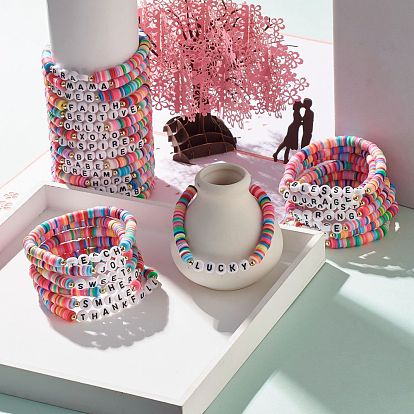 30Pcs 30 Style Polymer Clay Heishi Beaded Stretch Bracelets Set with Inspiration Word, Lucky Preppy Bracelets for Women