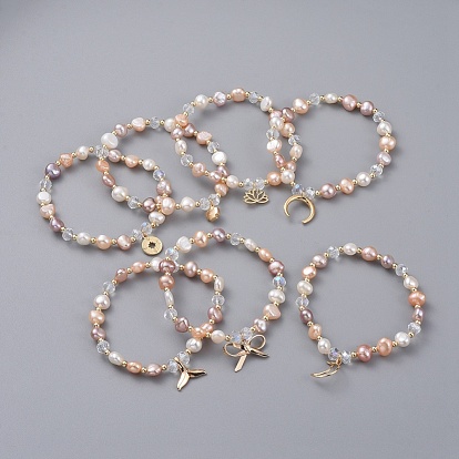 Charm Bracelets, with Natural Cultured Freshwater Pearl Beads, Glass Beads, Brass Round Spacer Beads and Brass Pendants, Moon/Bowknot/Lotus Flower/Cross/Compass, with Burlap Bags