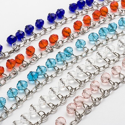 Handmade Faceted Rondelle Glass Beads Chains for Necklaces Bracelets Making, with Iron Cable Chains and Eye Pin, Unwelded, 39.3, about 94pcs/strand