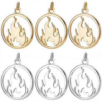 10Stk. 2 Farben Messing Anhänger, flache runde mit Feueramuletten, mit Sprungring, Gestell, langlebig überzogen