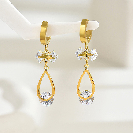 Полые серьги-кольца из нержавеющей стали с прозрачным кубическим цирконием в форме капли, элегантный ретро женский повседневный аксессуар