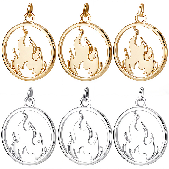 10 pcs 2 couleurs pendentifs en laiton, rond plat avec des charmes de feu, avec anneau de saut, crémaillère plaquage, plaqué longue durée
