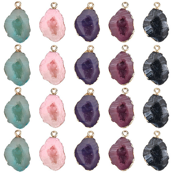 20шт 5 стиль друзы геодезические смоляные подвески, с лёгкими позолоченными железными петлями, самородки