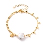 Natural Baroque Pearl Keshi Pearl Link Bracelets, with Brass Curb Chains, 304 Stainless Steel Lobster Claw Clasps and Flat Round Charms, Round, White