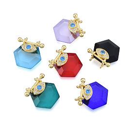 Brass Micro Pave Clear Cubic Zirconia Pendants, with Glass, Nickel Free, Real 18K Gold Plated, Hexagon with Eye
