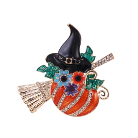 Halloween Witch Hat with Pumpkin Alloy Rhinestone Brooches, Enamel Pins, Light Gold