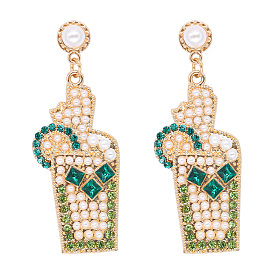 Geometric Diamond Earrings, Summer Cocktail Glass Earrings, Pearl Studs for Women's Fashion Jewelry