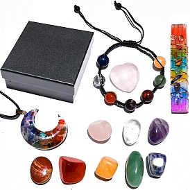 Rose Quartz & Quartz Crystal & Amethyst & Rainbow Stone & Red Agate & Topaz & Green Aventurine & Blue Aventurine Chakra Ornaments, with Necklaces & Bracelet Set