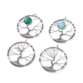 Natural & Synthetic Mixed Gemstone Pendants, with Gunmetal & Platinum Tone Brass Findings, Flat Round with Tree