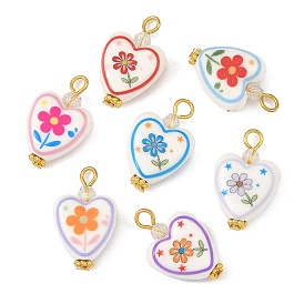 Colgantes de porcelana y vidrio estampados hechos a mano, Con aleaciones y hallazgos de hierro, corazón con dijes de flores, dorado