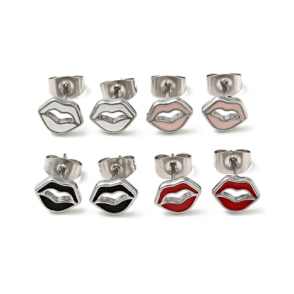 Enamel Lip Stud Earrings with 316 Surgical Stainless Steel Pins, 304 Stainless Steel Jewelry for Women
