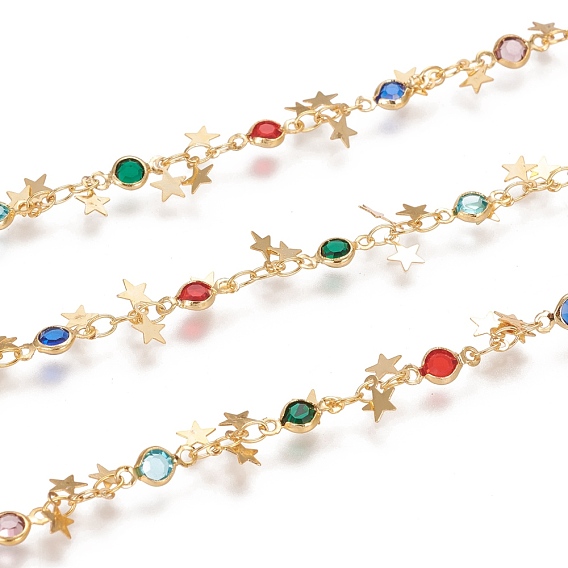 Handmade Brass Link Chains, with Brass Charms, Glass Links and Spool, Soldered, Long-Lasting Plated, Star,Colorful