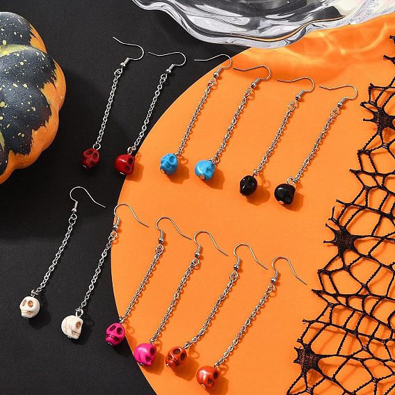 Окрашенные синтетические бирюзовые серьги, с железными крюками серьги, череп, платина