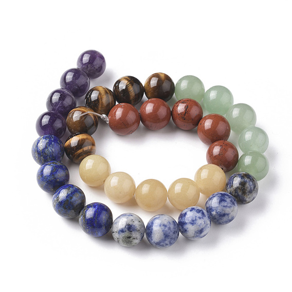 Chakra Theme Natural Red Rainbow Jasper & Yellow Aventurine & Tiger Eye & Green Aventurine & Blue Spot Stone & Lapis Lazuli & Amethyst Beads Strands, Round, Chakra