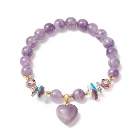 Natural Amethyst Round Beaded Stretch Bracelet with Heart Charms for Women