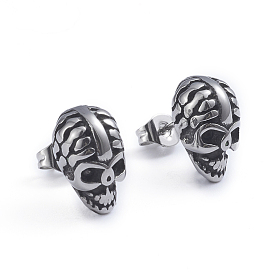 Retro 304 Stainless Steel Stud Earrings, with Ear Nuts, Skull