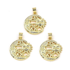Rack Plating Real 18K Gold Plated Brass Pendants, with Cubic Zirconia, Long-Lasting Plated, Lead Free & Cadmium Free, Sun