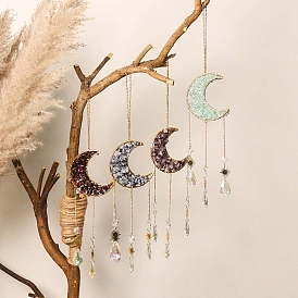 Wire Wrapped Natural Gemstone Chip Moon Hanging Ornaments, Glass Teardrop Tassel Suncatchers for Home Garden Ornament