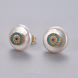Natural Pearl Stud Earrings, with Brass Micro Pave Cubic Zirconia Findings, Flat Round with Evil Eye, Long-Lasting Plated, with Ear Nuts