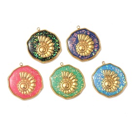 304 подвески из нержавеющей стали, эпоксидной смолы, с натуральными ракушками и пайетками внутри, плоские круглые с подвесками в форме ракушек, реальный 18 k позолоченный, вакуумное покрытие pvd