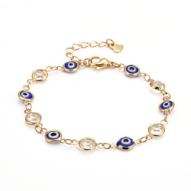 Brass Link Bracelets, with Glass & Cubic Zirconia & 304 Stainless Steel Lobster Claw Clasps, Evil Eye, Blue