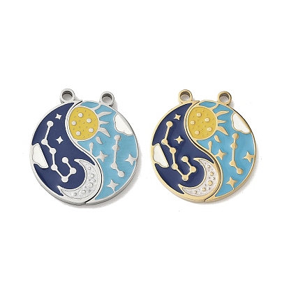 304 подвески из нержавеющей стали, плоский круг с солнцем/луной, с эмалью, ионное покрытие (ip), сплит подвески