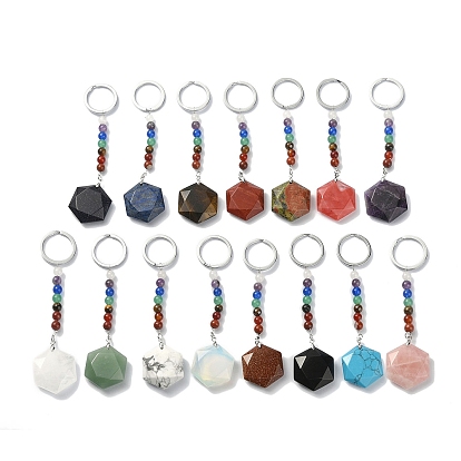 Gemstone Hexagon Pendant Keychain, with 7 Chakra Gemstone Beads and Platinum Tone Brass Findings