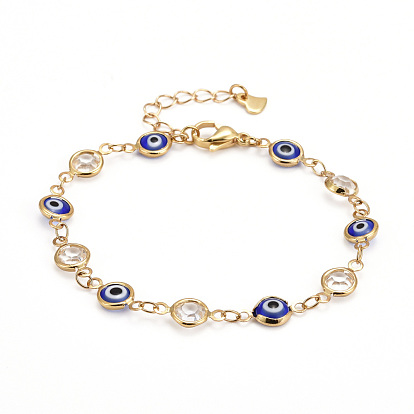 Brass Link Bracelets, with Glass & Cubic Zirconia & 304 Stainless Steel Lobster Claw Clasps, Evil Eye, Blue