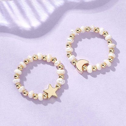 2шт. 2 стили: кольца на палец из натурального культивированного пресноводного жемчуга с бусинами, эластичные., Луна и звезды, с латунной бисера