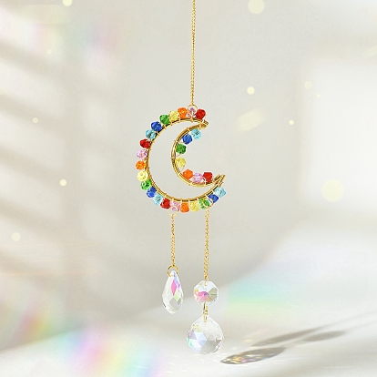 Colorful Glass Beaded Woven Net Suncatchers, Hanging Pendant Decorations with Golden Metal Finding