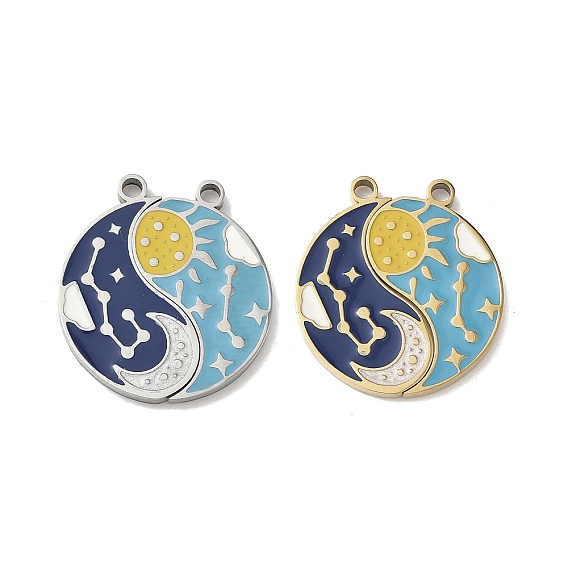 304 подвески из нержавеющей стали, плоский круг с солнцем/луной, с эмалью, ионное покрытие (ip), сплит подвески