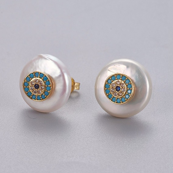Natural Pearl Stud Earrings, with Brass Micro Pave Cubic Zirconia Findings, Flat Round with Evil Eye, Long-Lasting Plated, with Ear Nuts