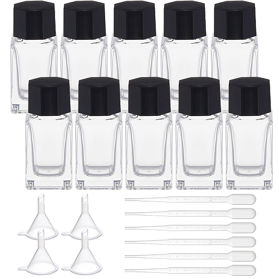 Cuboid Glass Fountain Pen Ink Bottle, with ABS Plastic Bottle Cap, Plastic Funnel Hopper & Dropper