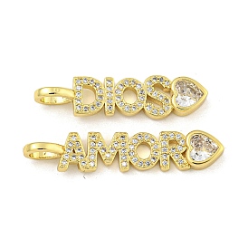 Word AMOR/DIOS Rack Plating Brass Micro Pave Clear Cubic Zirconia Pendants, Cadmium Free & Lead Free