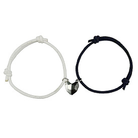Magnetic Couple Bracelet with Heart-shaped Wish Stone and Adjustable Braided Rope