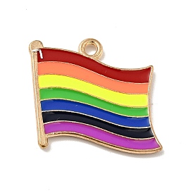 Rainbow Color Alloy Enamel Pendants, Flag with Rainbow Pattern, Light Gold