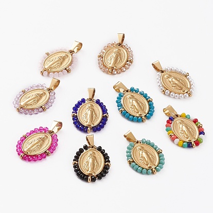 Настоящее 18к позолота 304 подвески из нержавеющей стали, со стеклянными бусинами, овальные с рисунками " virgin mary"