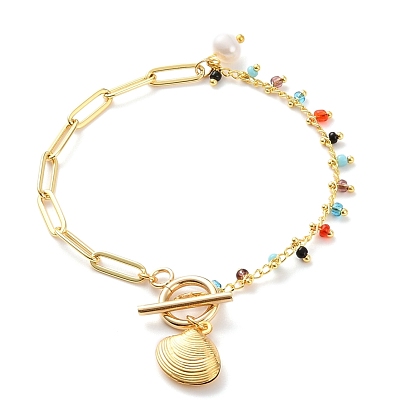 Shell Shape Charm Bracelets, with Brass Paperclip Chains, Glass Beads, Natural Pearl Beads, 304 Stainless Steel Toggle Clasps and Charms, Colorful