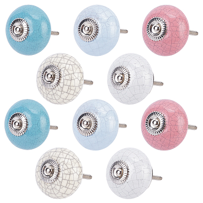 10Pcs 5 Colors Crack Porcelain Drawer Knobs, with Iron Finding and Iron Screw, for Home, Cabinet, Cupboard and Dresser, Rondelle