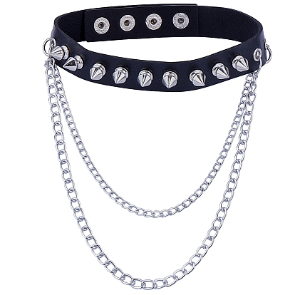 1Ожерелье-чокер в готическом стиле из искусственной кожи с шипами и заклепками, с трехслойными цепями из сплава, платина