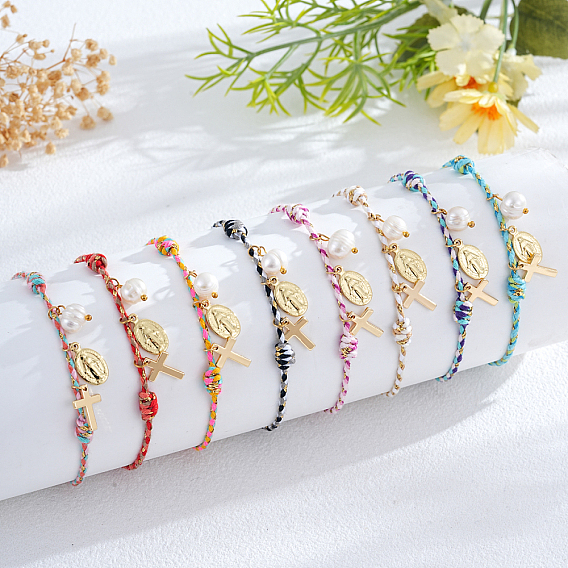 Богемные браслеты из латуни с подвесками из натурального пресноводного жемчуга, регулируемые плетеные браслеты из хлопкового шнура для женщин, крест и овал с иисусом
