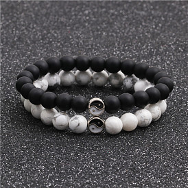 Yin Yang Black and White Distance Beaded Bracelet Set for Couples with Howlite Stones