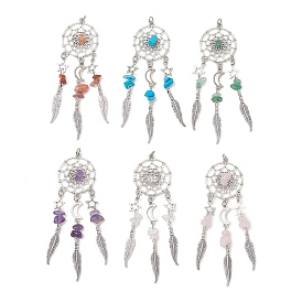 6Pcs 6 Colors Synthetic Turquoise & Natural Rose Quartz & Quartz Crystal & Green Aventurine & Red Agate & Amethyst Chip Big Pendants, Alloy Woven Web/Net with Feather Charms