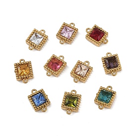 Ion Plating(IP) 304 Stainless Steel Cubic Zirconia Square Links Connector Charms, Real 18K Gold Plated