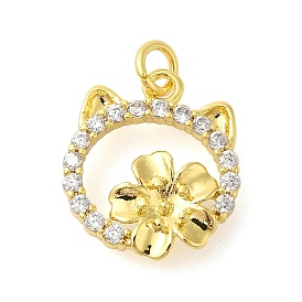 Rack Plating Brass Micro Pave Cubic Zirconia Charms, Long-Lasting Plated, Lead Free & Cadmium Free, Cat Shape with Flower